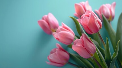 Fototapeta premium a bunch of pink tulips in a vase on a table