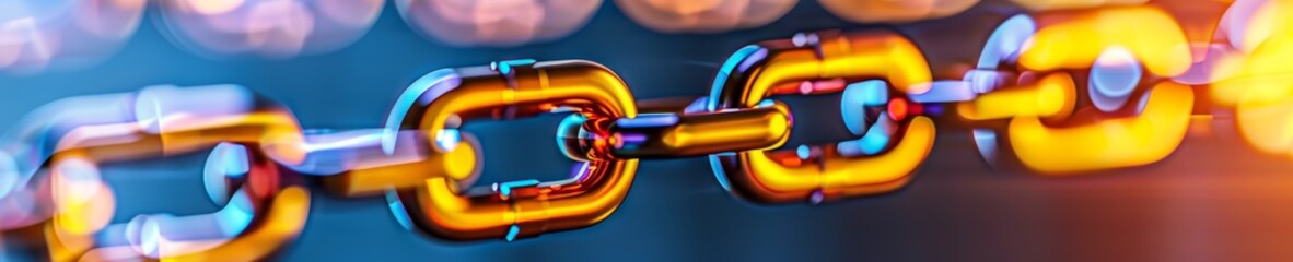 abstract chain links close up with blurred lights background.