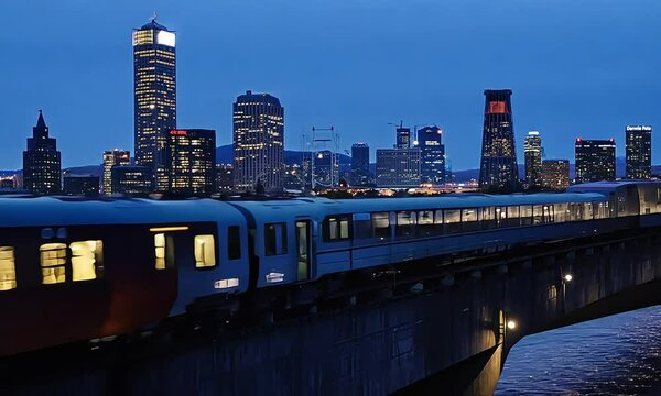 Commuter rail crosses along bridge at night with Denver city skyline in distance