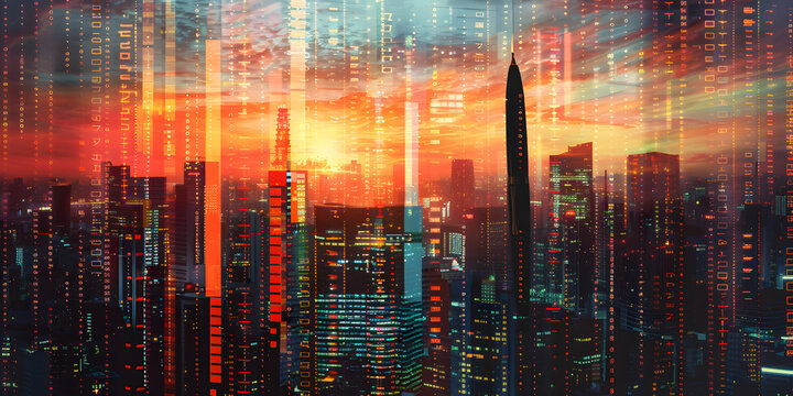 The urban skyline is a stunning sight, filled with modern skyscrapers, vibrant lights, and a breathtaking sunset. Perfect for showcasing futuristic cities and architectural wonders