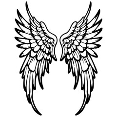 angel wings monochrome hand drawn line illustration, transparent background