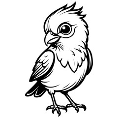 Black cartoon bird monochrome outline drawing, realistic tattoo painting on transparent background