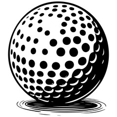 Black cartoon golf ball drawing, vector realistic outline line, transparent background