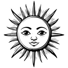 Black sun drawing, outline cartoon line, vector engraving with transpiderarent background