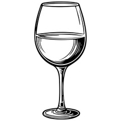 Black wine glass drawing, vector realistic outline line, transpiderarent background