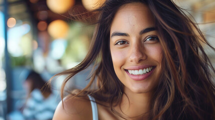 Obraz premium Young radiant woman with loose hair and a charming smile in a relaxed atmosphere.