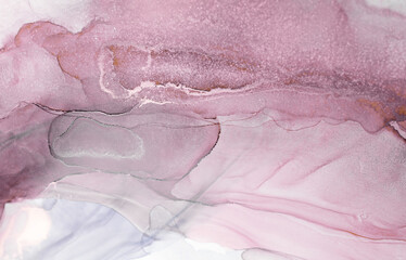 An abstract painting featuring swirls of pink and grey ink. The image is captured close-up, highlighting the intricate details of the swirling inks