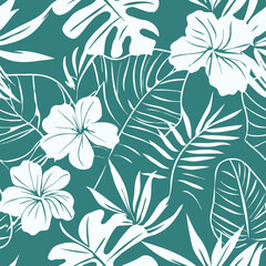 teal and white hawaiian floral pattern with flowers and leaves
