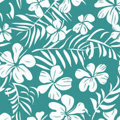 teal and white hawaiian floral pattern with flowers and tropical leaves