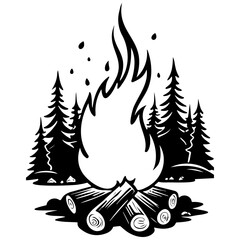 camp fire engrave hand drawn line illustration, transparent background