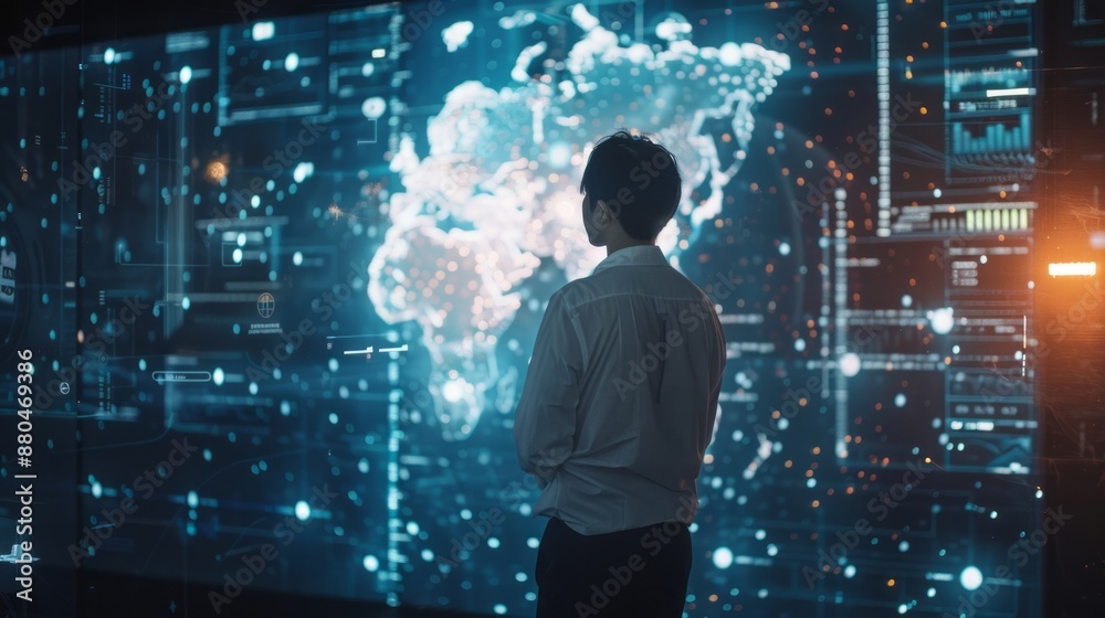 Poster big data analytics visualization technology with scientist analyzing information structure on screen