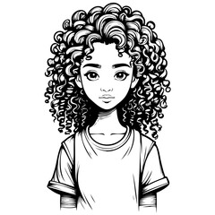 cartoon curly hair ink hand drawn line illustration, transparent background