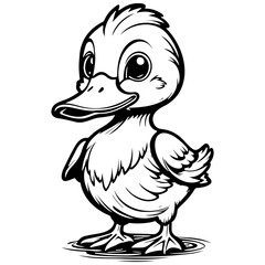 cartoon duck drawing, outline cartoon line, vector engraving with transparent background