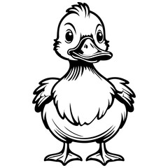 cartoon duck realistic, ink sketch of black silhouette outline, transparent background