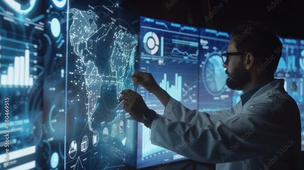 Poster big data analytics visualization technology with scientist analyzing information structure on screen