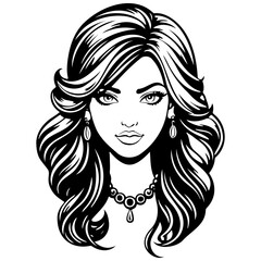 cartoon hair monochrome outline drawing, realistic tattoo painting on transparent background