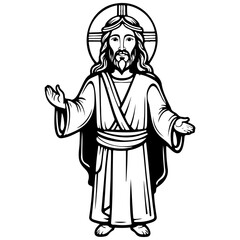 cartoon jesus engraving drawing of black silhouette, monochrome isolated artwork