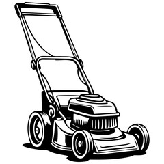 cartoon lawnmower monochrome outline drawing, realistic tattoo painting on transparent background