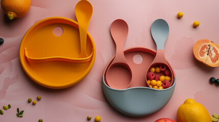 A top view of children's tableware including a silicone bib and a bowl, ideal for serving baby food and other kid-friendly dishes.