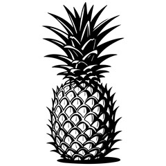 cartoon pineapple engraving drawing of black silhouette, monochrome isolated artwork