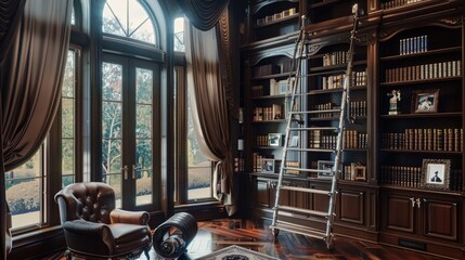 A sophisticated home library with dark wood bookshelves, a rolling ladder, a leather reading chair, and a large window with heavy drapes.