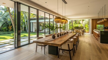 Fototapeta premium A spacious dining room with a long wooden table, contemporary chairs, and a statement chandelier, with large windows offering a view of a lush backyard.