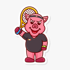 Pig ready to serve in a tennisball game, cute cartoon character of animal doing sport.
