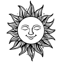 Engrave sun realistic, ink sketch of black silhouette outline, transpiderarent background