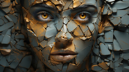 Contemporary Sculpture of A Girl Portrait with Eyes In The Shape Of Broken Rusty Concrete Wall Background