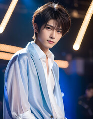 Portrait of handsome and cool Korean man like K-pop idol, stage background with spotlight lighting. K-popアイドルのようなハンサムでクールな韓国人男性のポートレート、スポットライト照明付きのステージ背景
