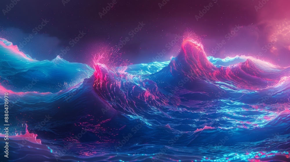 Wall mural big neon wave background - vibrant abstract digital technology design featuring futuristic light pat