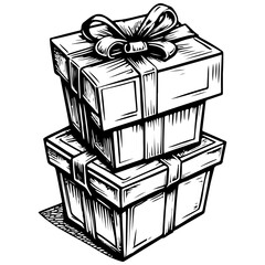 Ink boxes monochrome outline drawing, realistic tattoo painting on transparent background