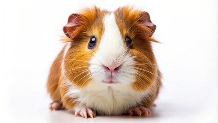 Adorable small furry Guinea pig with bright curious eyes and twitching whiskers sits alone on a clean white background.