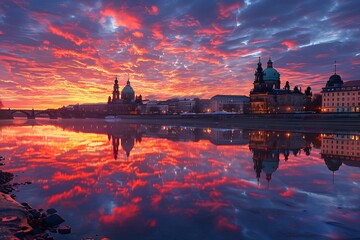 Naklejka premium Stunning Sunset Over Historic Cityscape Reflecting in River