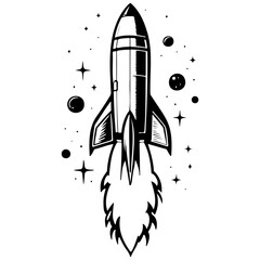 Isolated rocket drawing, line head, line art black realistic sketches painting © Сергей Тарасюк