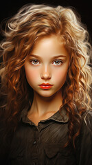 Fototapeta premium A Gorgeous Young Brown Haired Women Portrait With Minimalistic Brush Painting On Canvas