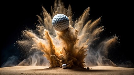 Isolated white golf ball soaring through dramatic dry sand explosion against a dark, ominous black background, conveying intensity.