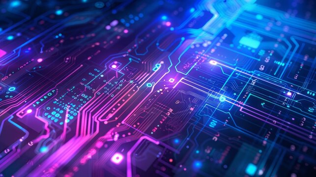 Futuristic blue and purple technology background with abstract circuit board patterns, ideal for high-tech themes, innovation concepts, and modern digital designs