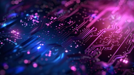 Futuristic blue and purple technology background with abstract circuit board patterns, ideal for high-tech themes, innovation concepts, and modern digital designs