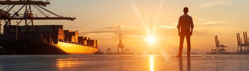 Fototapeta premium At sunset, a logistics manager's silhouette stands in front of a shipping dock, directing cargo operations with generous copy space.