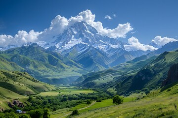 Obraz premium Majestic Snow-Capped Mountain Overlooking a Verdant Valley