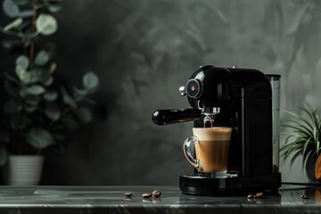 Coffee maker black with cappuccino machine, real photo, minimal bg