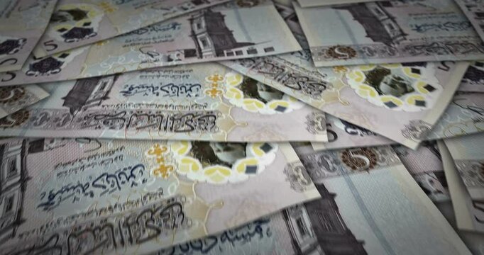 Libya dinar 5 LYD banknote surface. Flying over Libyan money note. 3D abstract concept of business, inflation, economy, finance, crisis and banking. Seamless and looped.