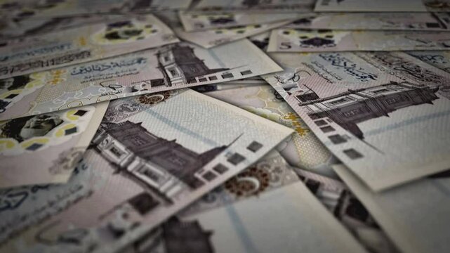 Libya dinar 5 LYD banknote surface. Flying over Libyan money note. 3D abstract concept of business, inflation, economy, finance, crisis and banking.