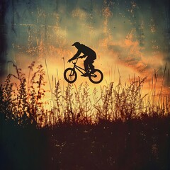 In the silhouette of twilight, a daring cyclist takes flight, their bicycle a mere shadow against the backdrop of the evening sky.