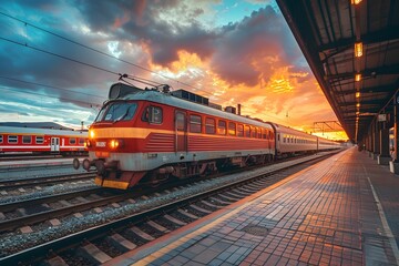 Obraz premium Vibrant Sunset at a Train Station with a Red Passenger Train