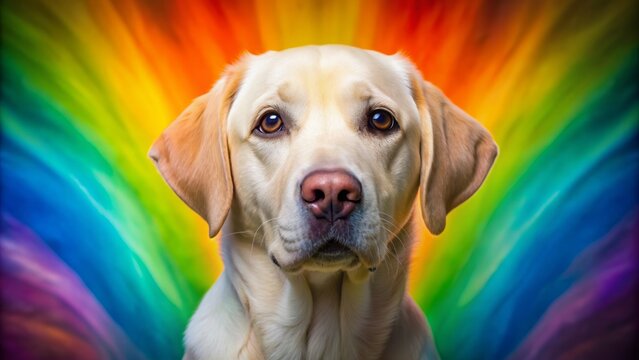 Vibrant colorful rainbow backdrop highlights serene gentle labrador retriever's adorable expressive face and floppy ears in peaceful atmosphere.