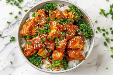 Fototapeta premium Delicious bowl of teriyaki chicken served with rice and vegetables, garnished with green onions.