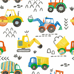 Beautiful childish seamless pattern with hand drawn watercolor kid's toys illustrations. Construction equipment concrete mixer dump truck excavator tractor. © Zenina-Lembrik