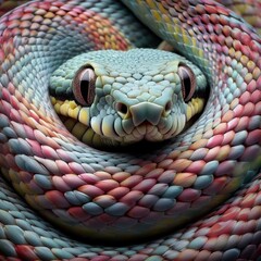 Fototapeta premium A dangerous viper with a yellow red body and black stripes slithers through black background, its forked tongue tasting the air